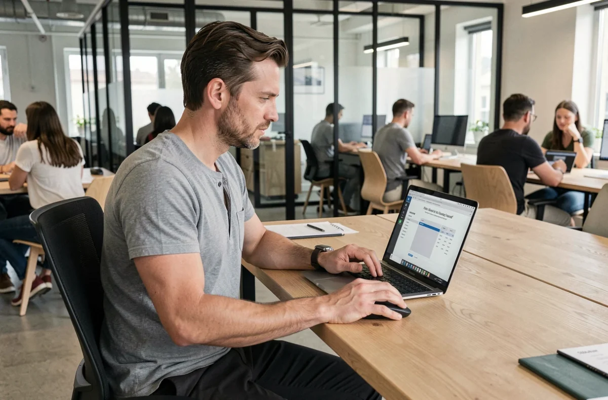 Entrepreneur PME travaillant sur un template de devis gratuit en ligne dans un espace de coworking