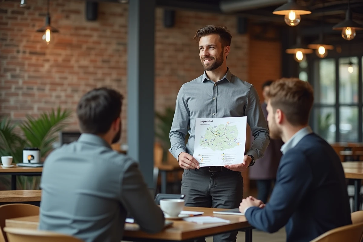 Entrepreneur pr&eacute;sentant une strat&eacute;gie de mise en relation r&eacute;seau &agrave; des partenaires dans un espace de coworking