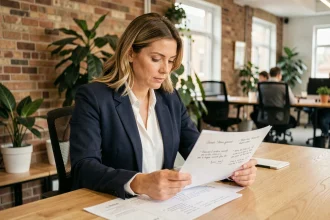 Entrepreneuse analysant un plan de création d'entreprise avec des annotations manuscrites dans un espace de co-working moderne