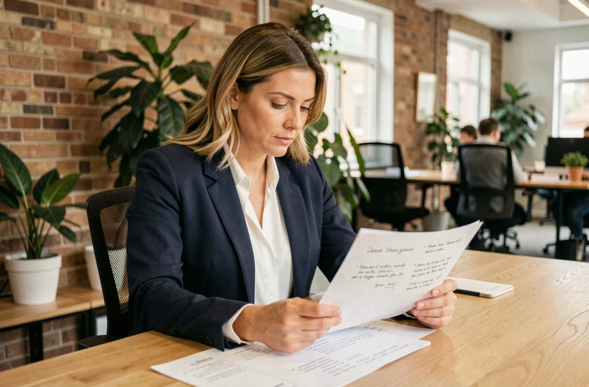 Entrepreneuse analysant un plan de création d'entreprise avec des annotations manuscrites dans un espace de co-working moderne