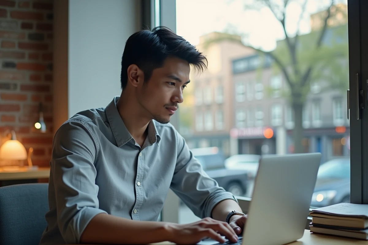 Jeune homme concentré pendant un entretien d'embauche en visioconférence dans un appartement moderne