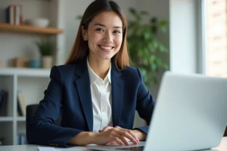 Femme professionnelle souriante lors d'un entretien d'embauche en visioconférence depuis son bureau à domicile
