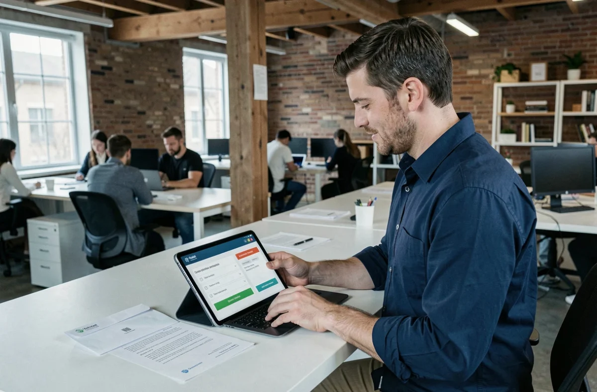 Entrepreneur utilisant une tablette pour automatiser l'envoi de courrier recommandé en ligne dans un espace de coworking