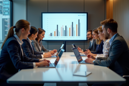 Groupe de professionnels en r&eacute;union dans un bureau moderne