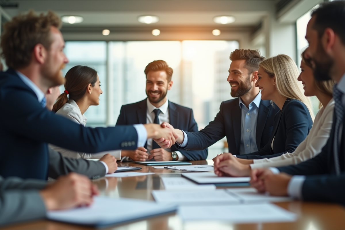 Groupe de professionnels d'affaires se serrant la main dans un bureau lumineux