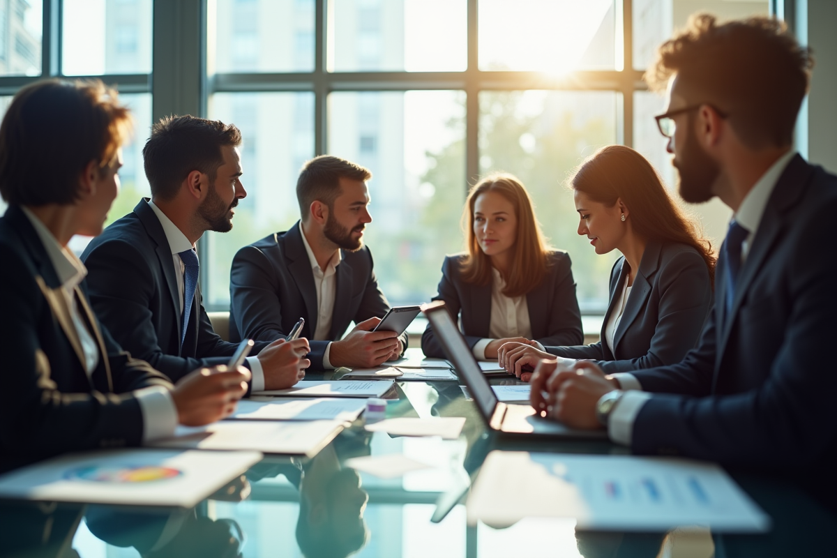 Groupe de professionnels en réunion dans un bureau moderne