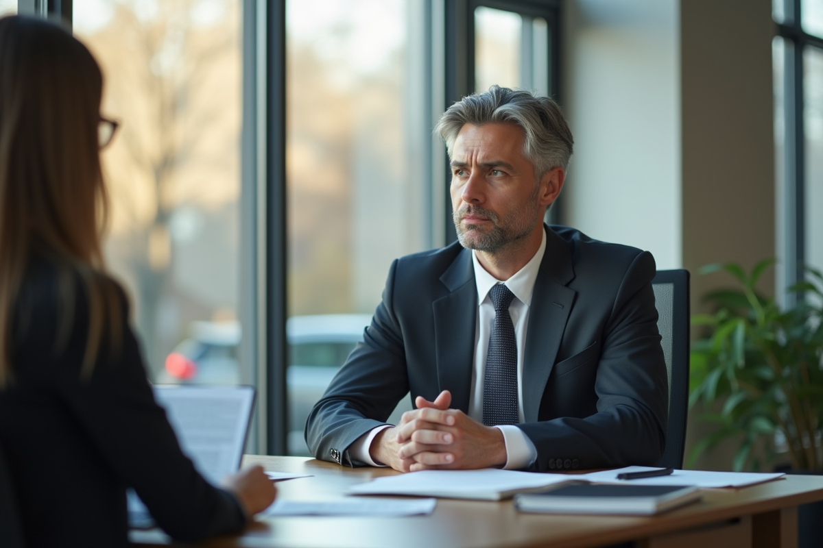 Employe sérieux en discussion avec un manager au bureau