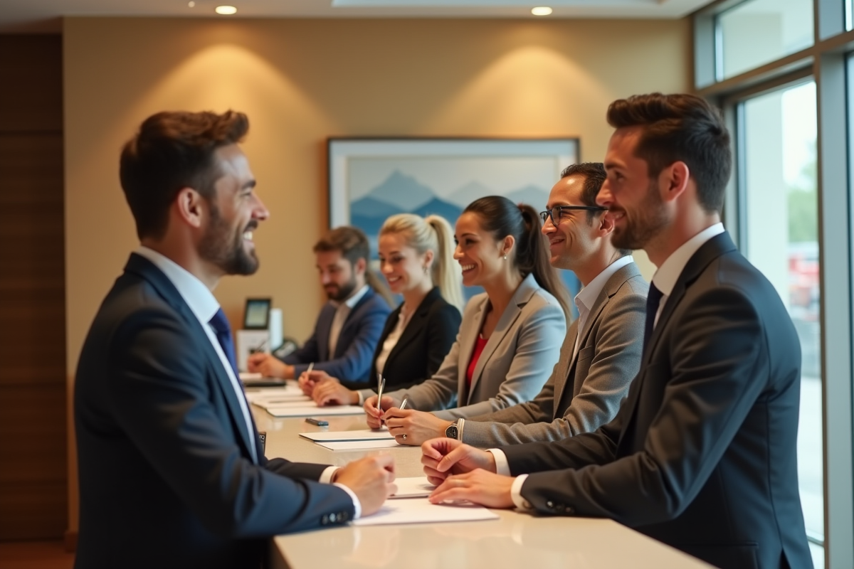 Equipe de réceptionnistes collaborant dans un lobby ensoleille