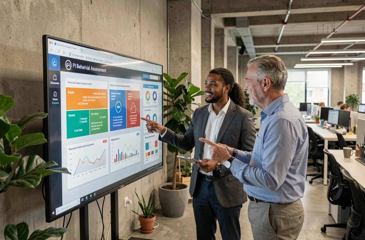 Équipe de managers collaborant autour d'un tableau de bord de profils comportementaux PI sur écran