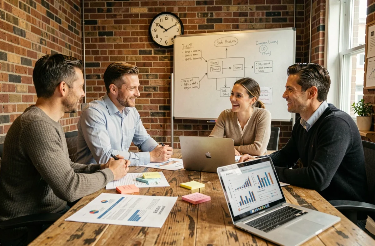 Équipe de PME en réunion stratégique avec une agence spécialisée pour planifier leur développement commercial