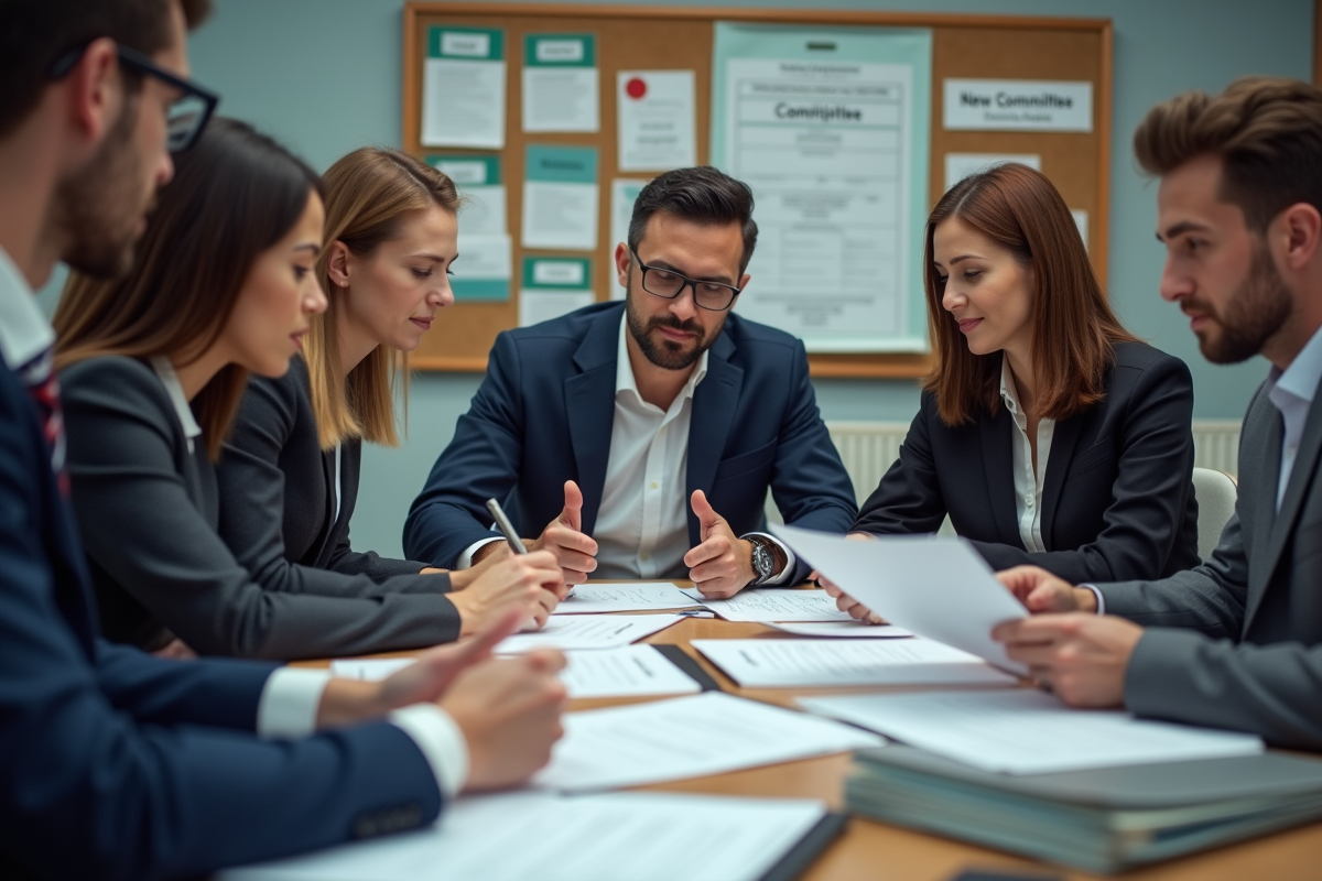 Groupe d'employes en reunion de travail dans un bureau moderne