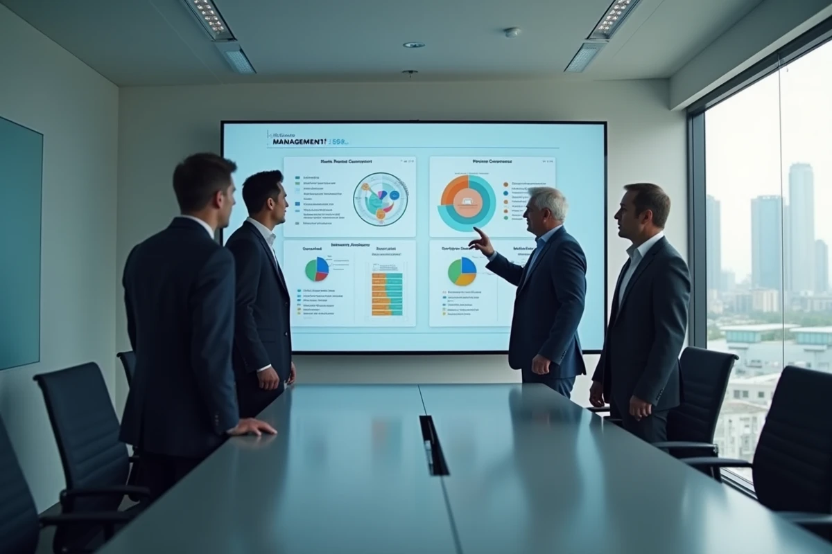 Équipe de professionnels analysant un tableau de bord PROROLE lors d'une réunion en salle de conférence
