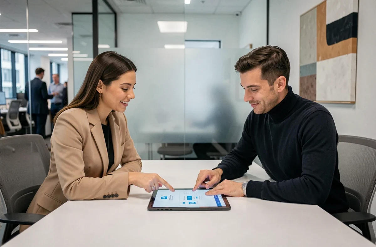 Deux collaborateurs RH analysant ensemble les automatisations avancées de SmartRH sur une tablette en salle de réunion