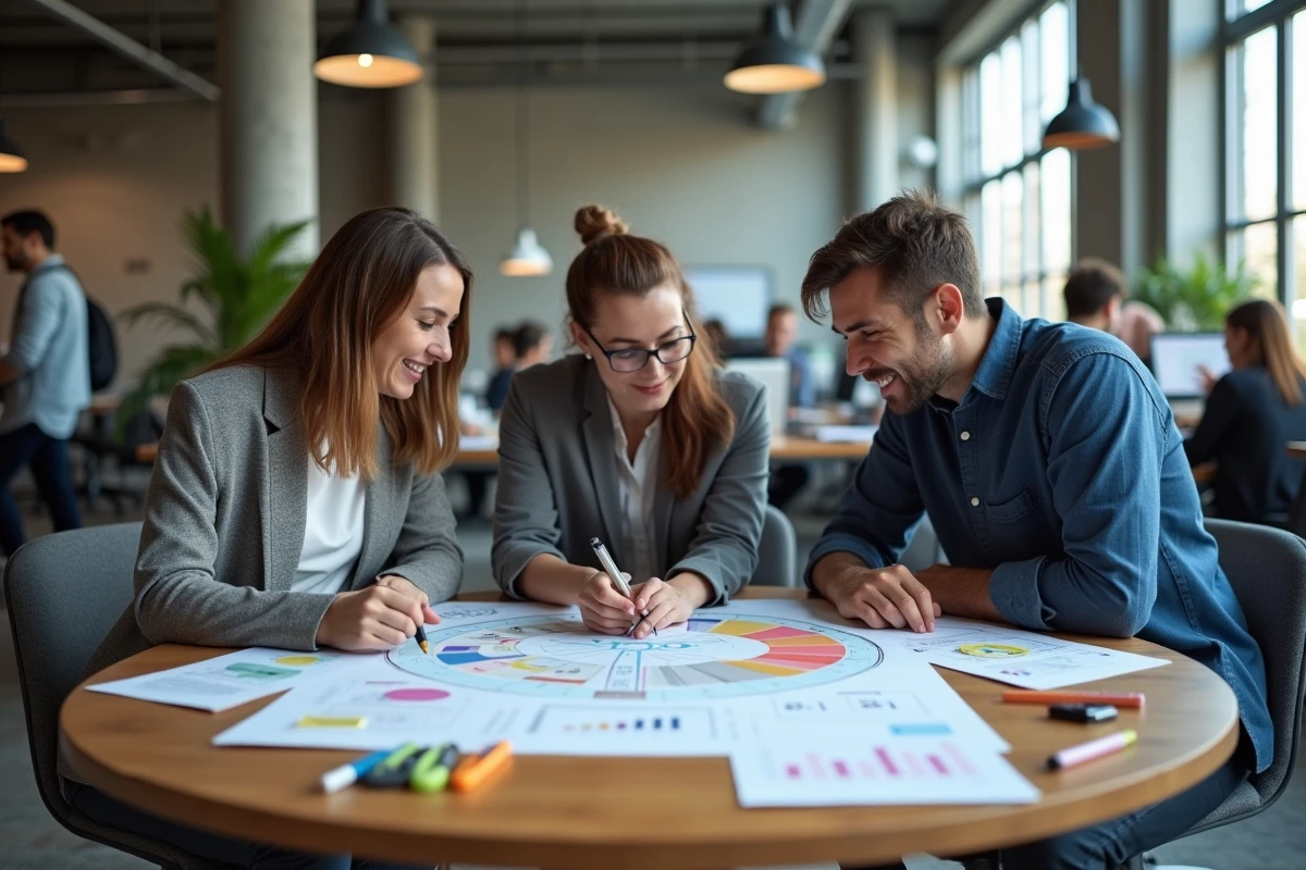 Équipe de stratèges collaborant autour d'un schéma de segmentation stratégique et de définition des DAS en espace de travail moderne