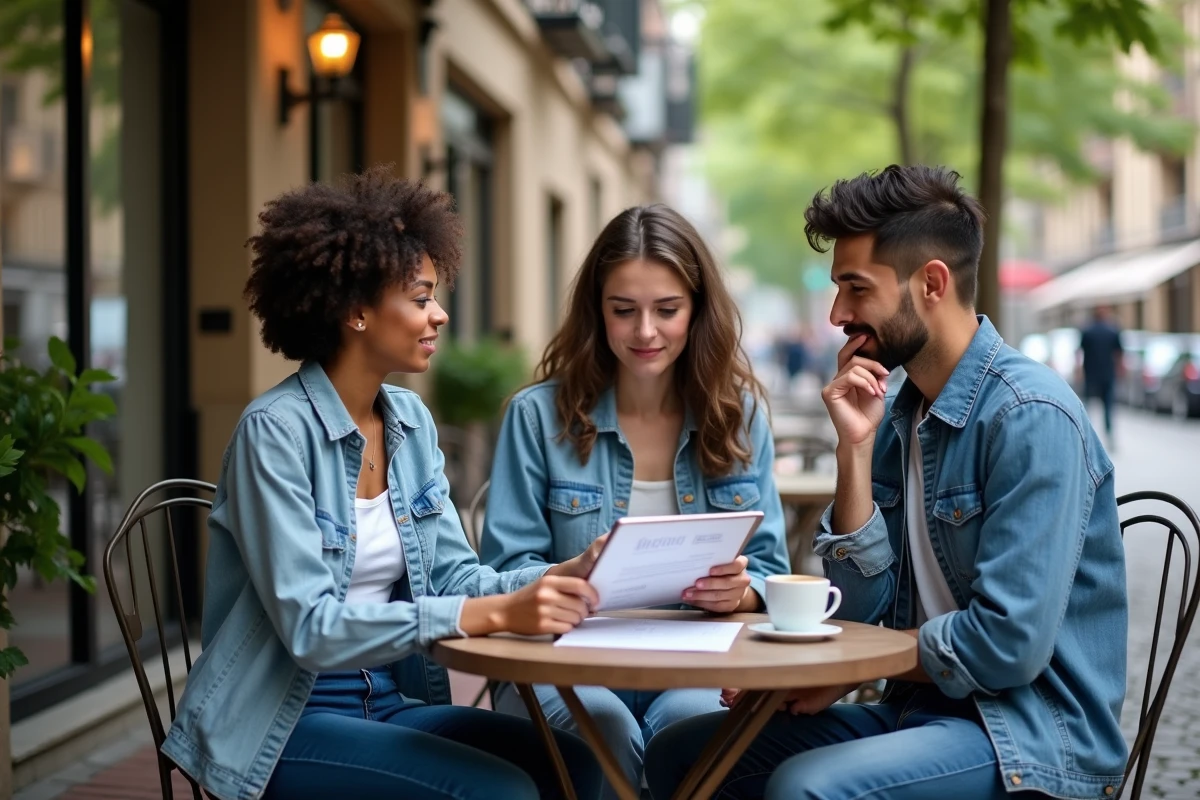 Équipe de professionnels discutant de stratégies de contenu blog pour adapter leur développement au marché local en terrasse