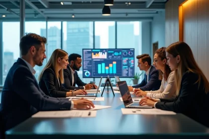 Groupe de professionnels en r&eacute;union dans un bureau moderne