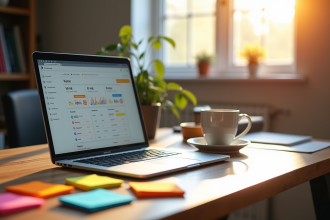 Espace de travail créatif avec analytics Etsy et notes colorées