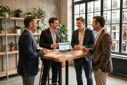 Entrepreneurs français en réunion networking dans un espace de coworking parisien moderne