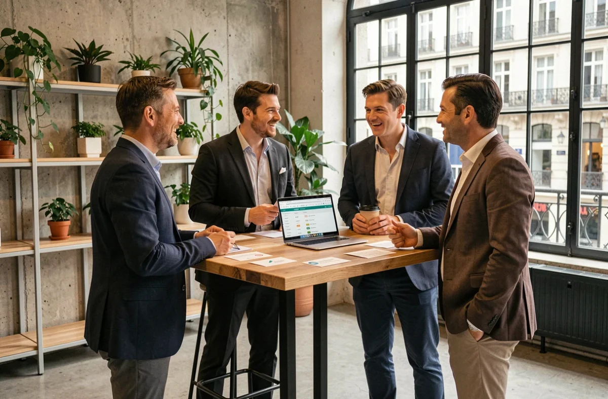 Entrepreneurs français en réunion networking dans un espace de coworking parisien moderne