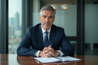 Homme executif en costume navy dans une salle de réunion moderne