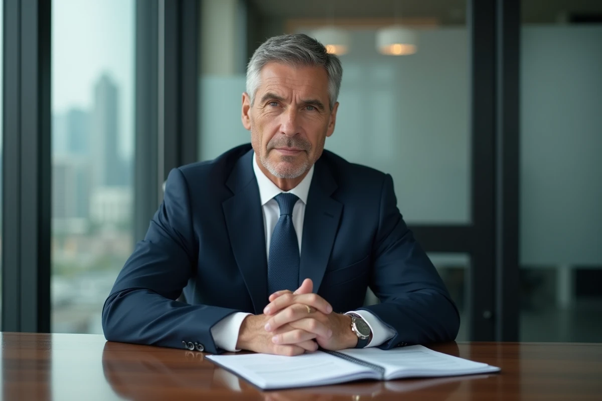 Homme executif en costume navy dans une salle de réunion moderne