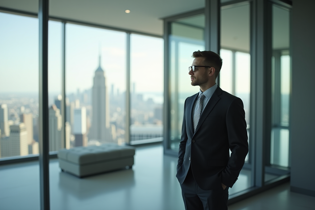 Cadre confiant dans un bureau moderne avec vue urbaine
