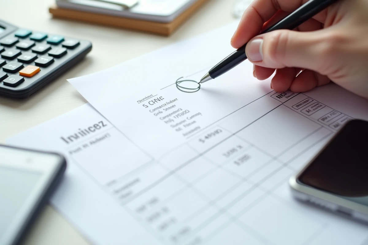 Vue de dessus d'une facture imprimerie posée sur un bureau avec stylo et calculatrice pour vérifier un paiement oublié