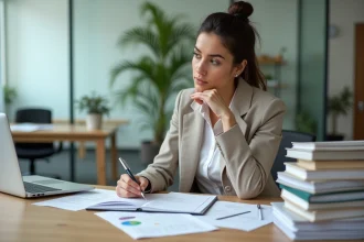 Jeune femme d'affaires en train de calculer ses dépenses