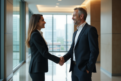 Femme d affaires en blazer serre la main d un homme dans un bureau moderne