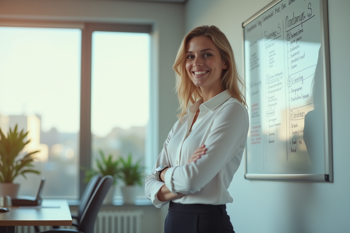 Femme d'affaires confiante dans un bureau moderne avec tableau blanc