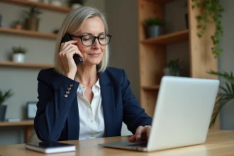 Femme professionnelle passant un appel au service client DHL depuis son bureau à domicile pour effectuer une réclamation