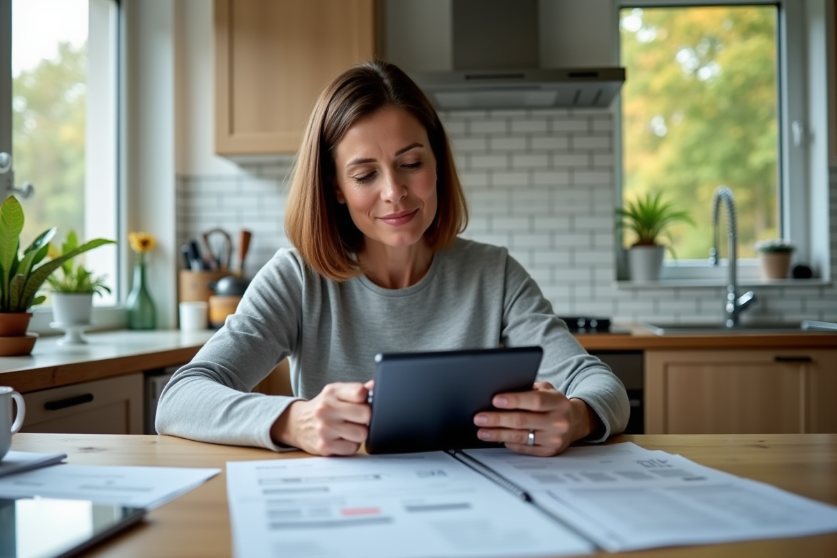 Femme à la maison utilisant une tablette pour la déclaration fiscale