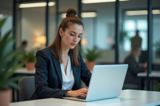 Femme au bureau analysant des graphiques sur son ordinateur