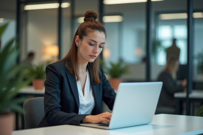 Femme au bureau analysant des graphiques sur son ordinateur