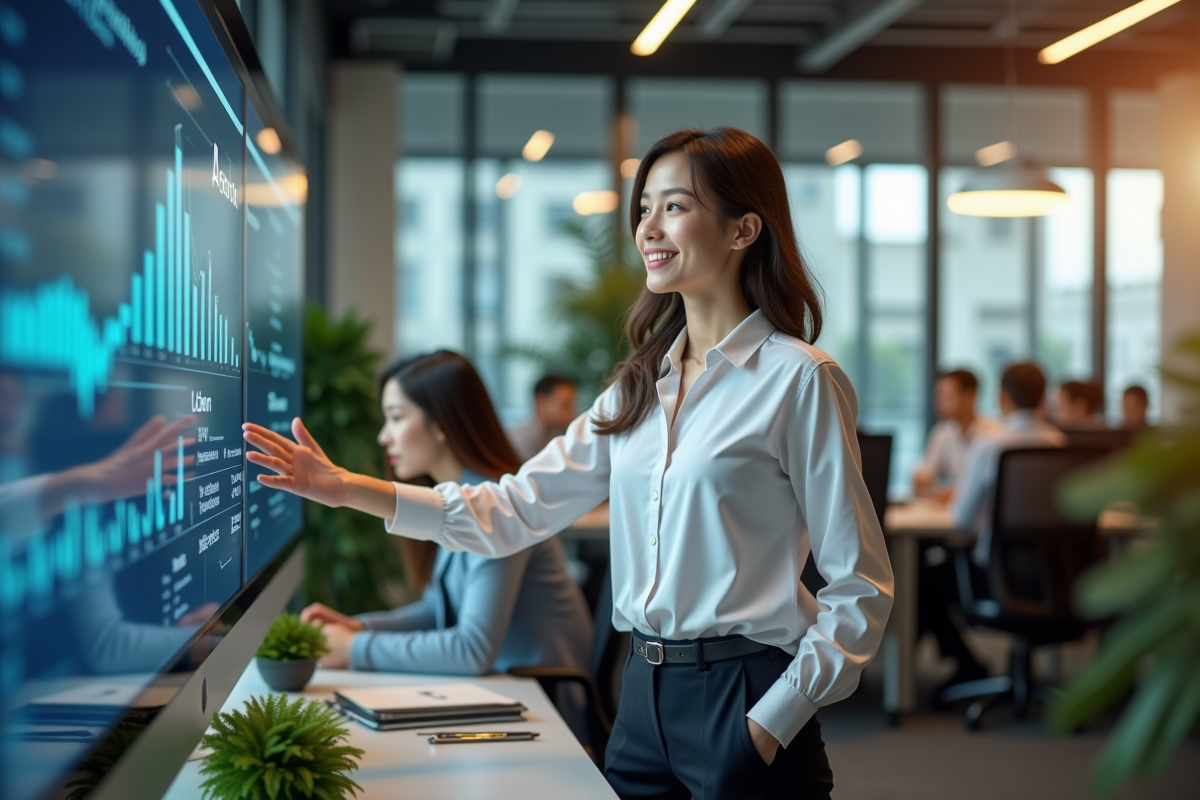 Jeune femme en bureau moderne avec écran de données
