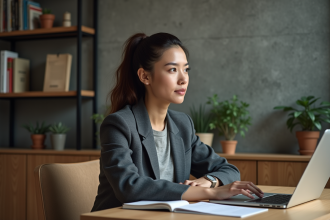Femme concentrée au bureau avec ordinateur et livres