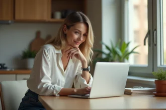 Femme en blouse et jeans dans un espace moderne et lumineux