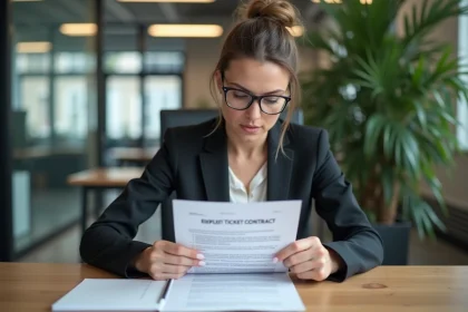 Femme d affaires examinant un contrat de travail avec ticket restaurant