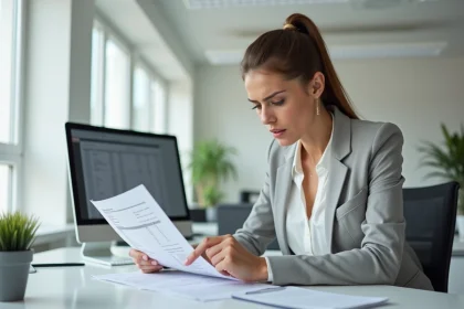 Femme en bureau examinant une facture imprimerie avec attention pour en comprendre le détail