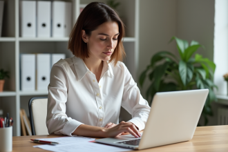 Femme au bureau à domicile travaillant sur ses papiers