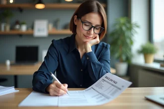 Femme au bureau examinant une facture payee