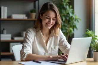 Jeune femme au bureau en train d'éditer une landing page