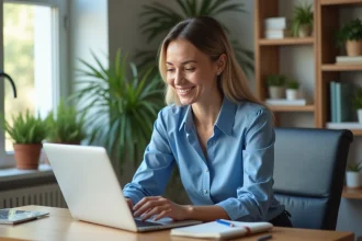 Femme au bureau moderne utilisant un ordinateur portable