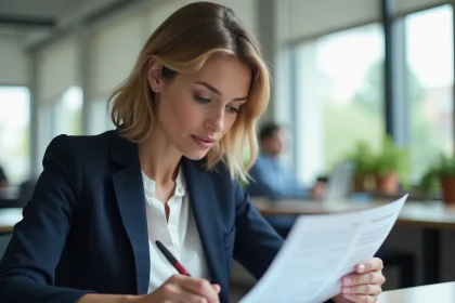 Femme professionnelle en bureau signant une facture avec une formule de politesse pour règlement
