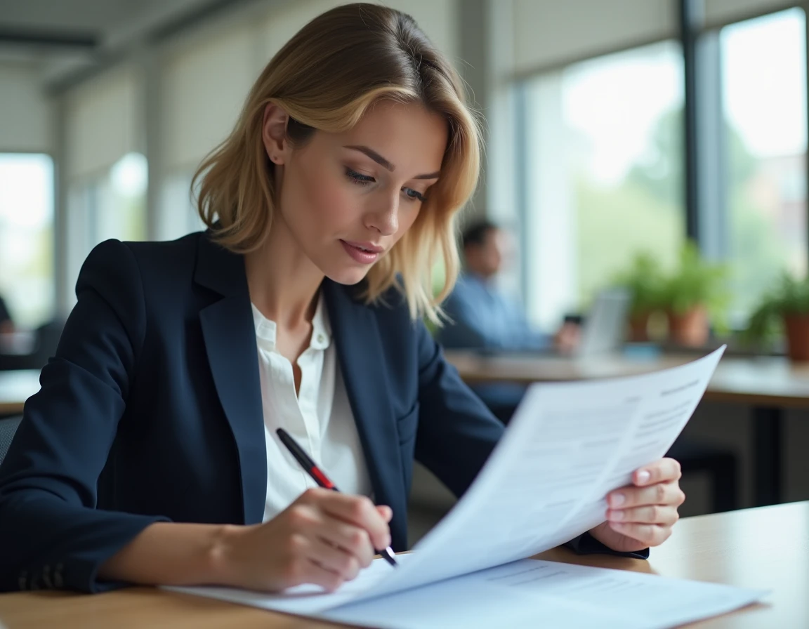 Femme professionnelle en bureau signant une facture avec une formule de politesse pour règlement