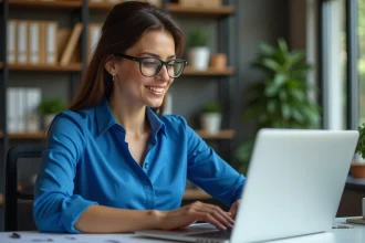 Femme professionnelle vérifiant des dossiers numériques en bureau