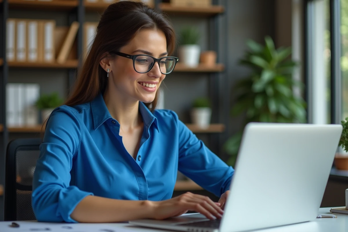 Femme professionnelle vérifiant des dossiers numériques en bureau