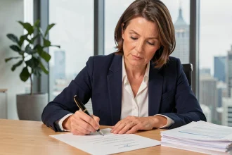Femme cadre signant un document officiel pour ordre dans un bureau d'entreprise moderne