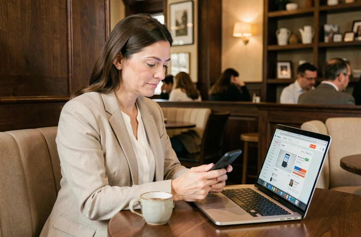 Femme dans un café recherchant comment contacter le service client Backmarket par téléphone depuis son smartphone