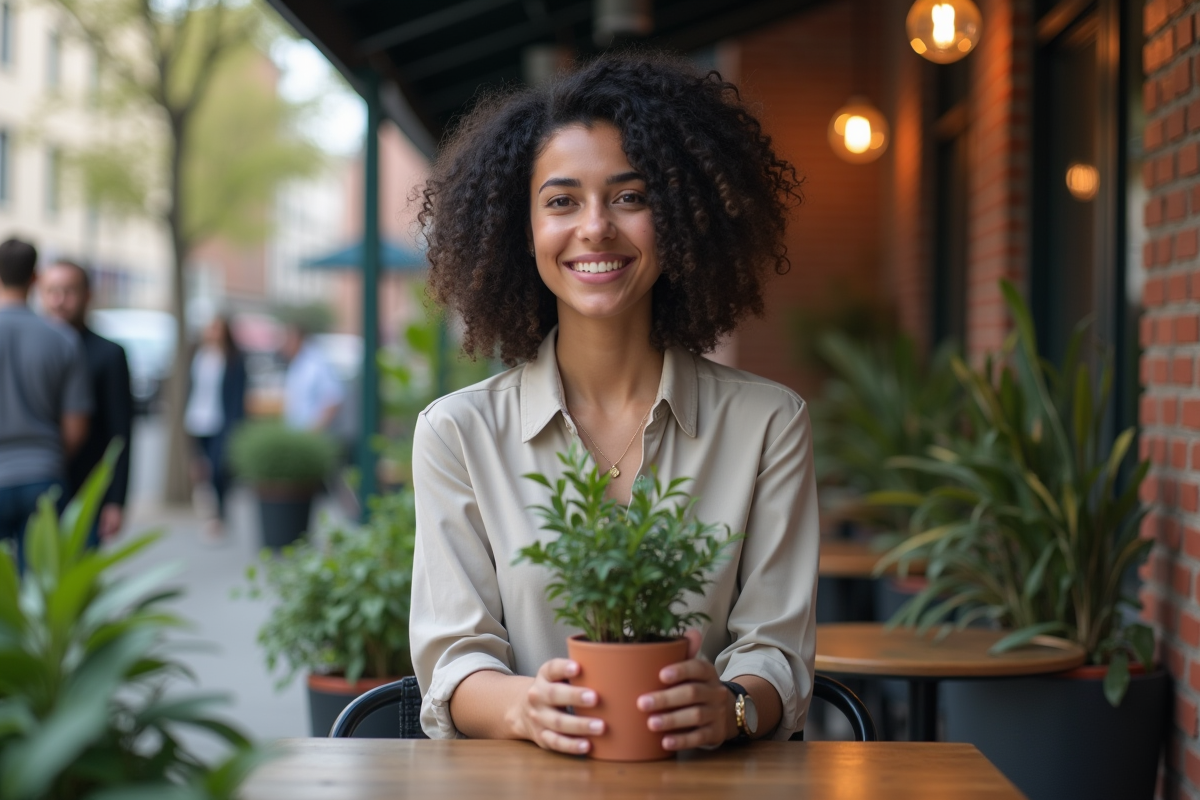 Femme souriante avec plante dans un café urbain en extérieur